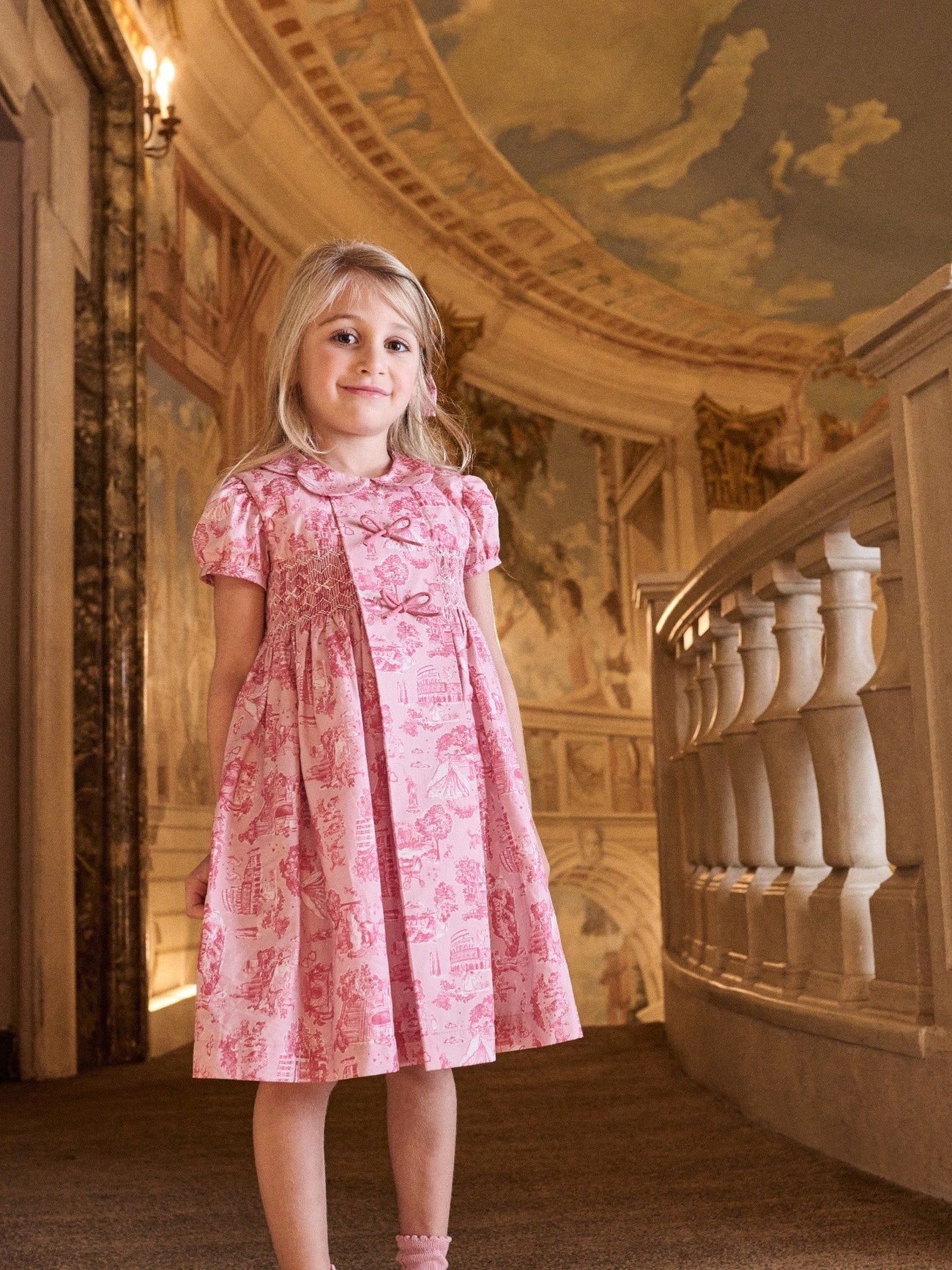 Nicky Hilton x La Coqueta Pink Toile de Jouy Theodora Girl Hand-Smocked Dress