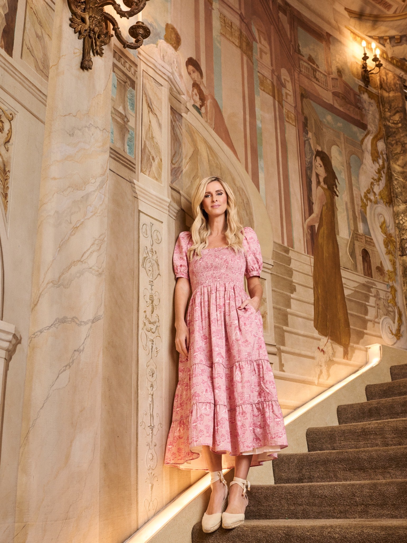 Nicky Hilton x La Coqueta Pink Toile de Jouy London Women Long Dress