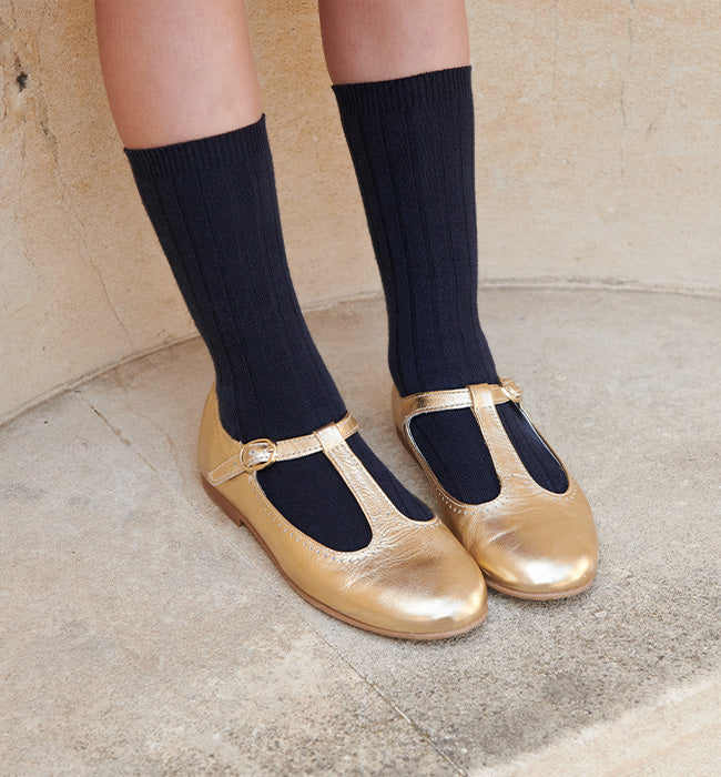 Gold Leather Girl T-Bar Shoes