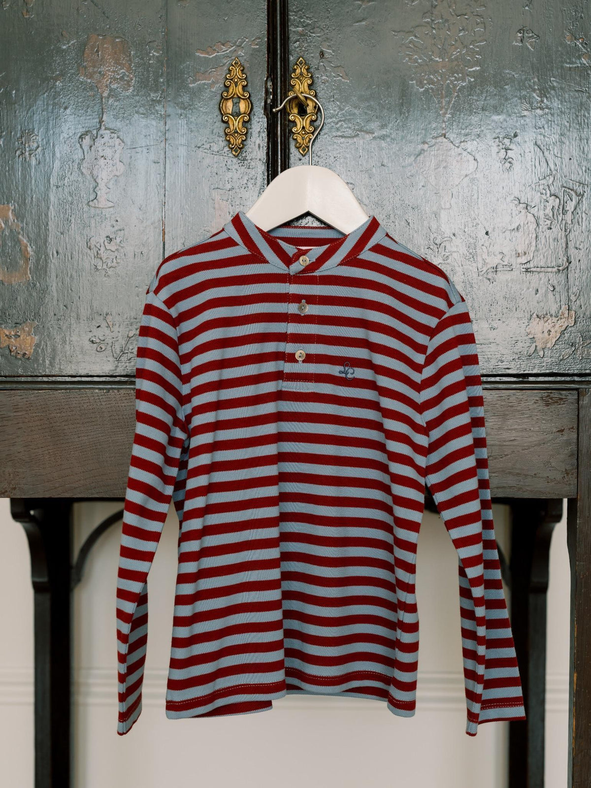 Dusty Blue & Burgundy Stripe Alcomo Long Sleeve Boy Polo Shirt