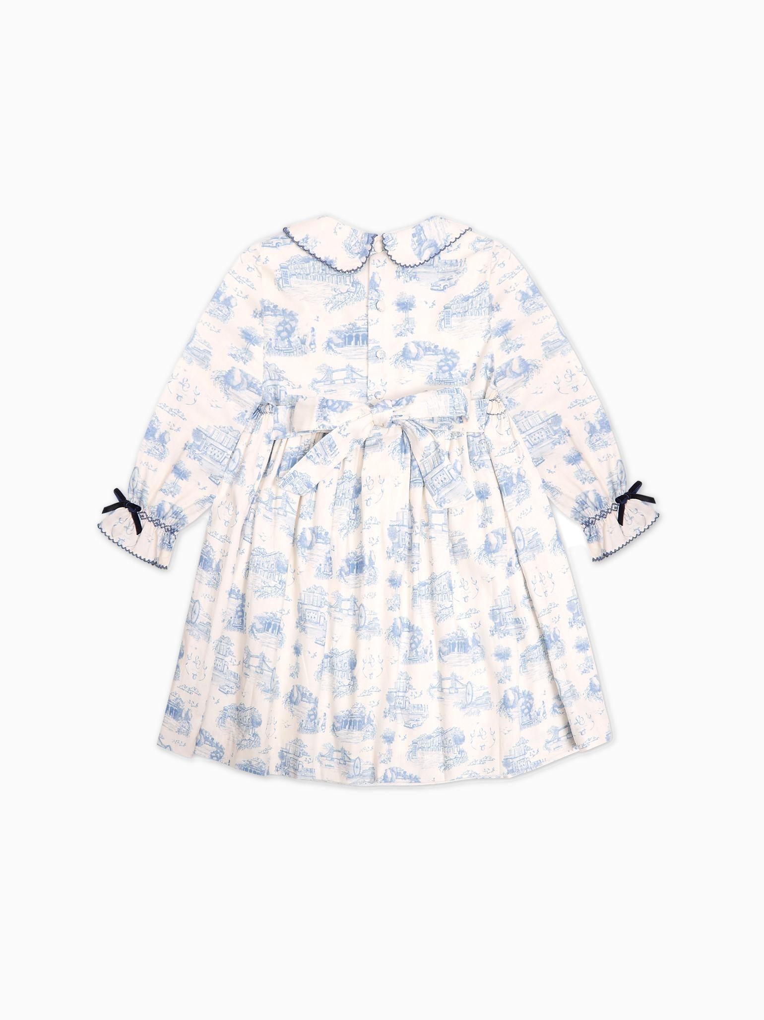 Blue Toile De Jouy Alice Girl Hand-Smocked Dress