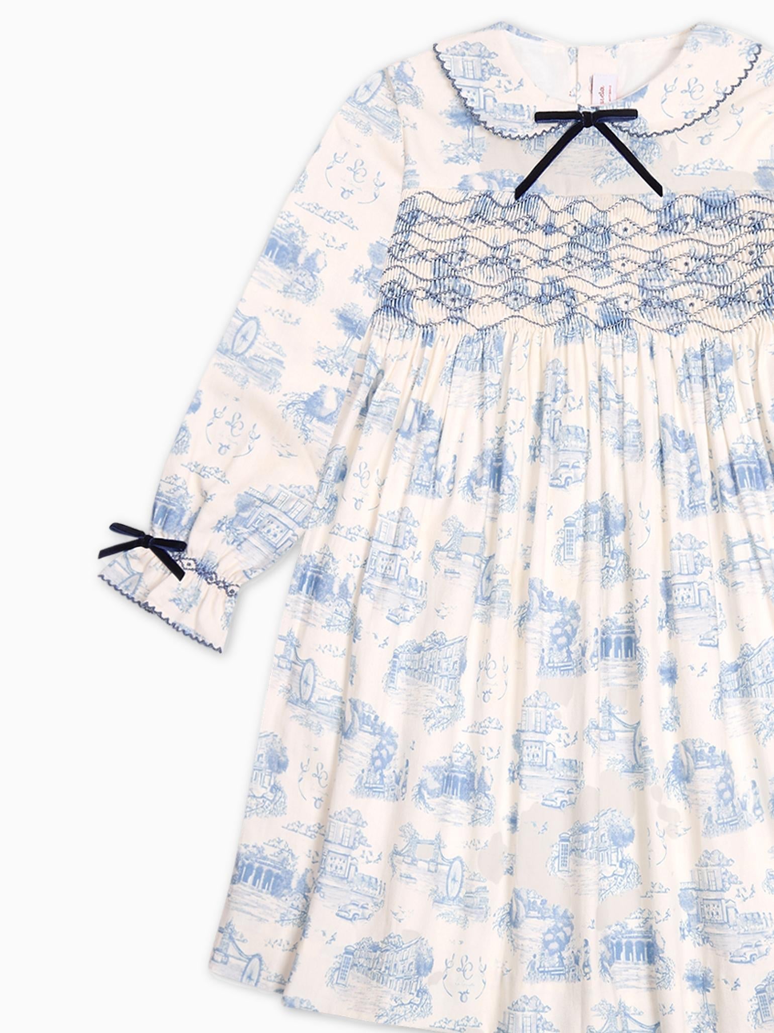 Blue Toile De Jouy Alice Girl Hand-Smocked Dress