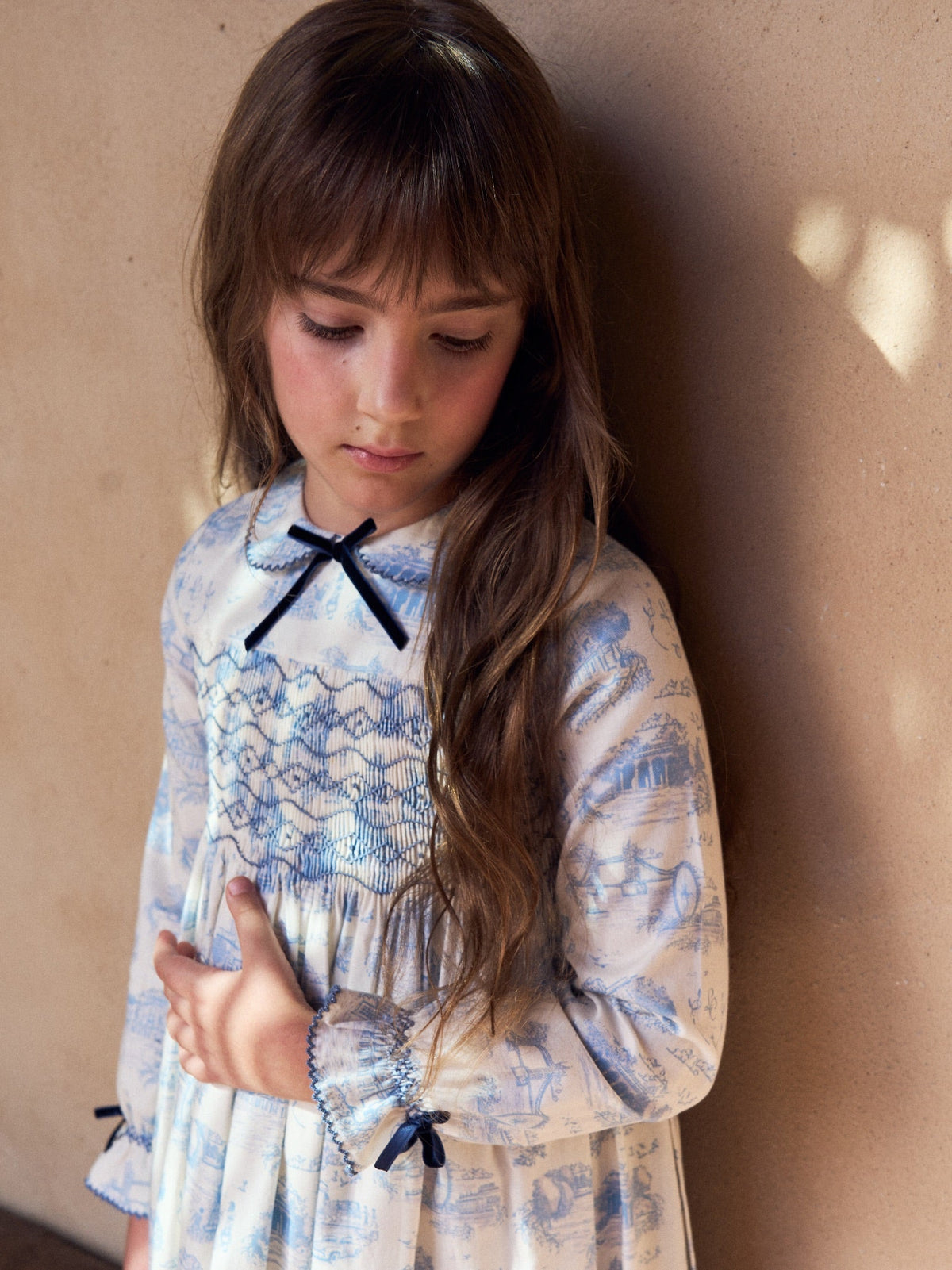 Blue Toile De Jouy Alice Girl Hand-Smocked Dress