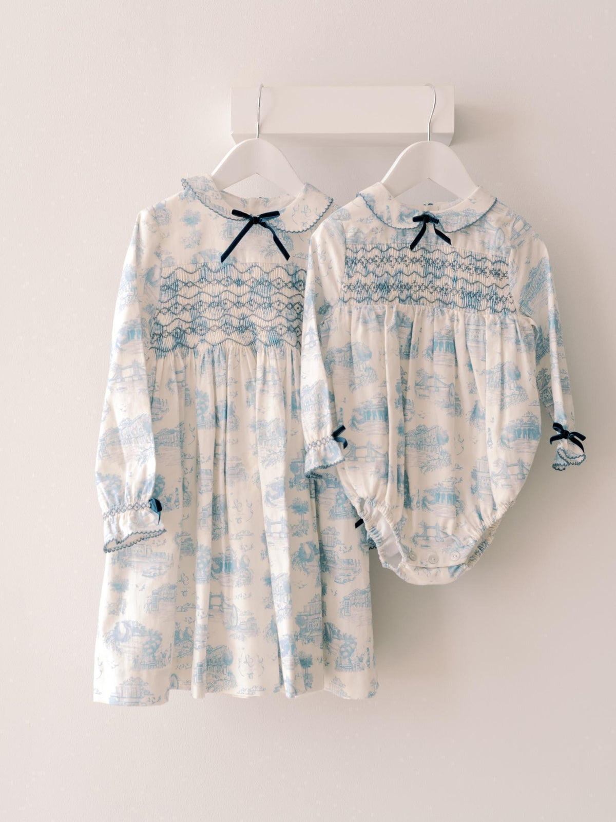 Blue Toile De Jouy Sabrina Baby Girl Smocked Romper
