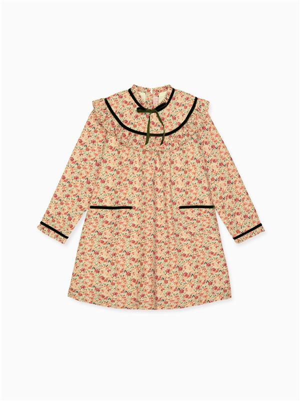 Floral patterned children’s dress in cream with red flowers and black trim, featuring a ruffled collar and front pockets.