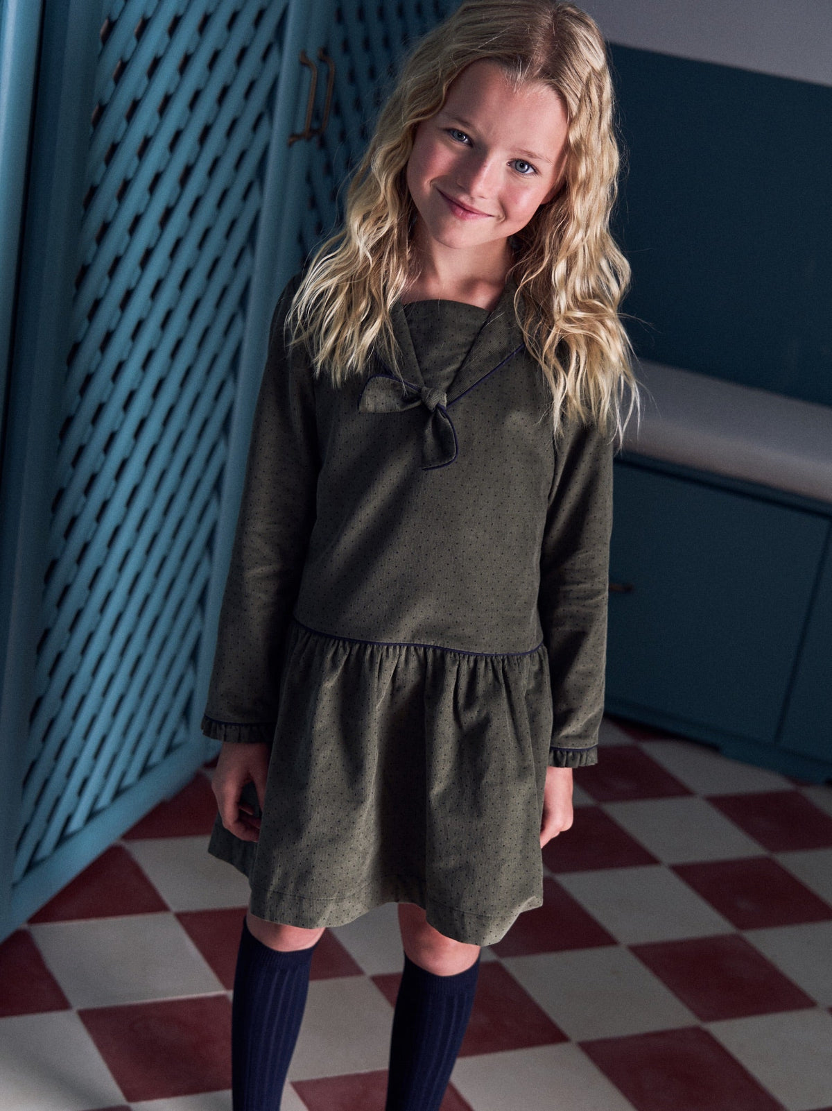 Olive Polka Dot Aranda Corduroy Girl Drop Waist Dress
