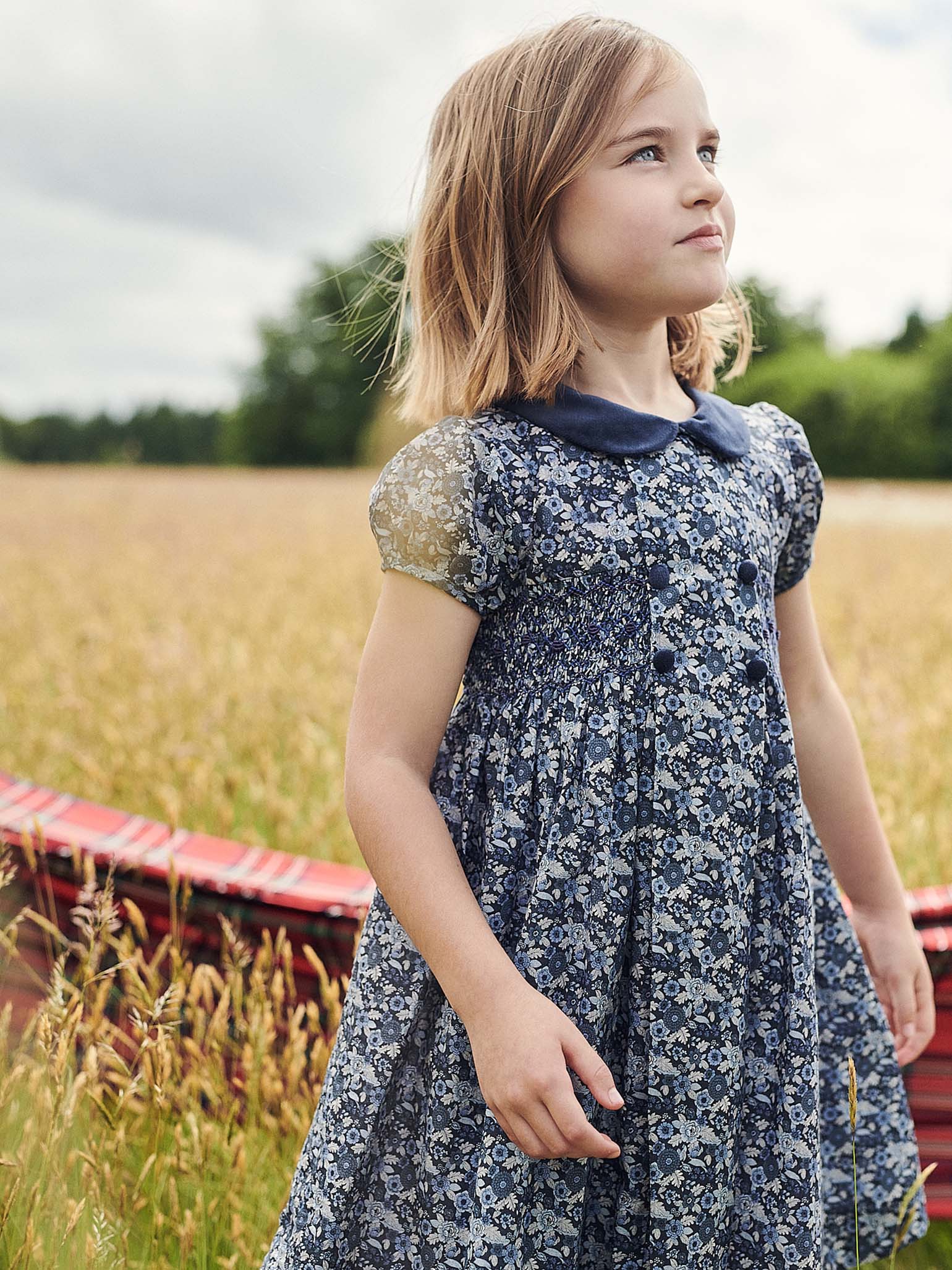 Navy Floral Arcadia Girl Hand-Smocked Dress