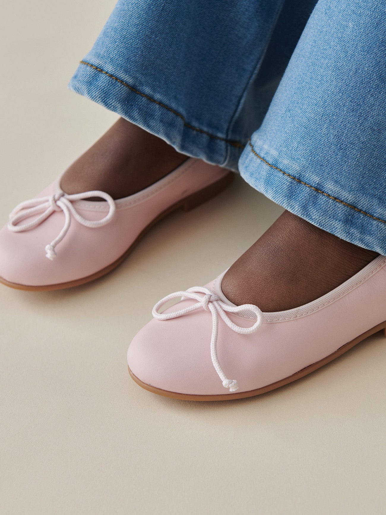 Pale Pink Leather Girl Bow Ballerina Shoes