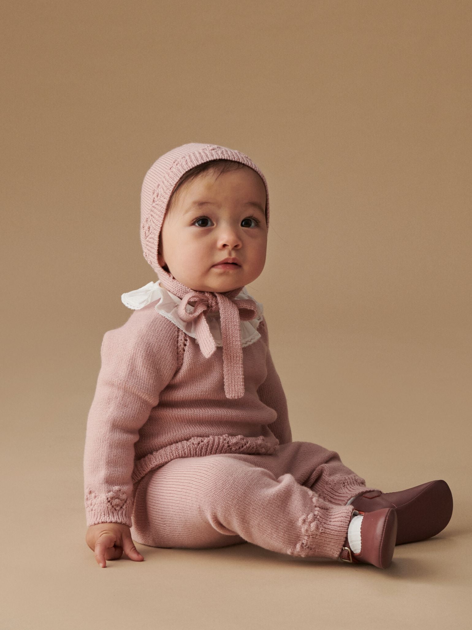 Dusty Pink Olfa Merino Baby Girl Knitted Bonnet