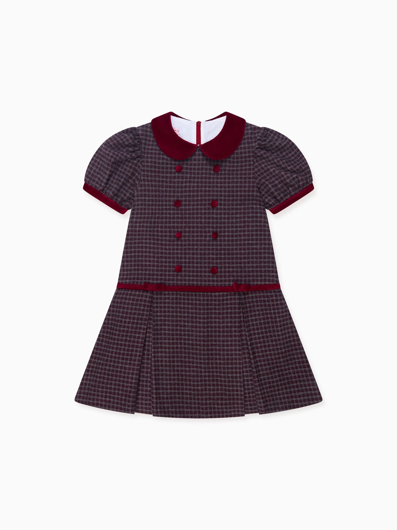 Elegant children's dress with short puff sleeves, maroon checkered pattern, velvet Peter Pan collar, and pleated skirt.
