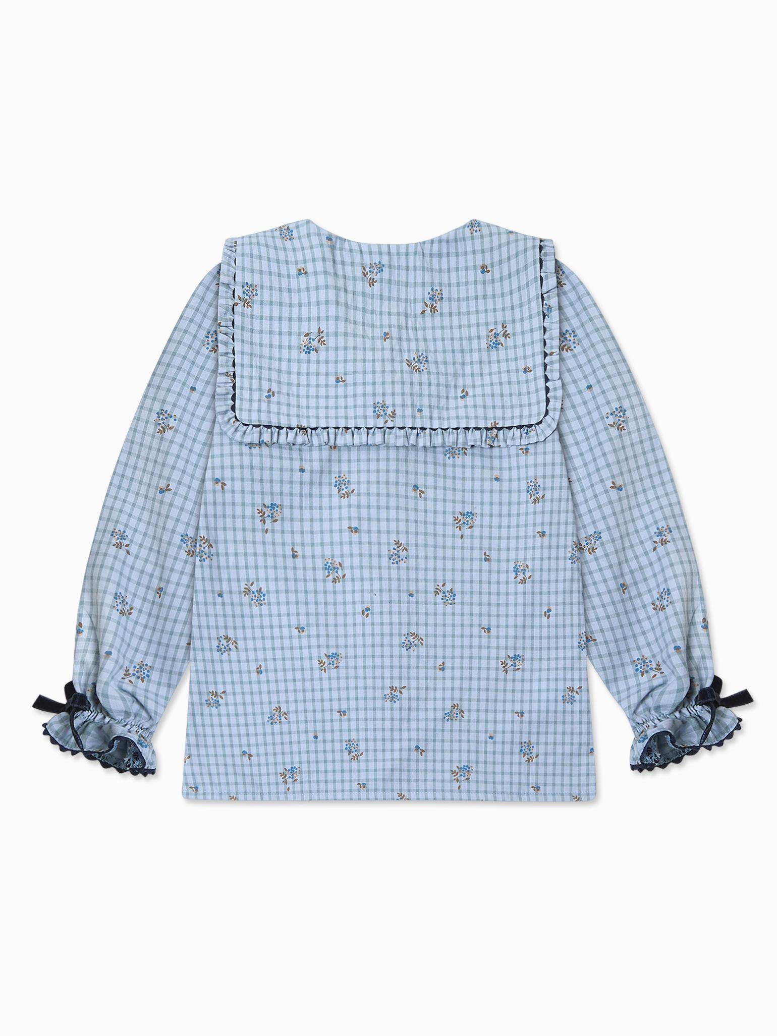 Blue Gingham Floral Clara Long Sleeve Girl Shirt