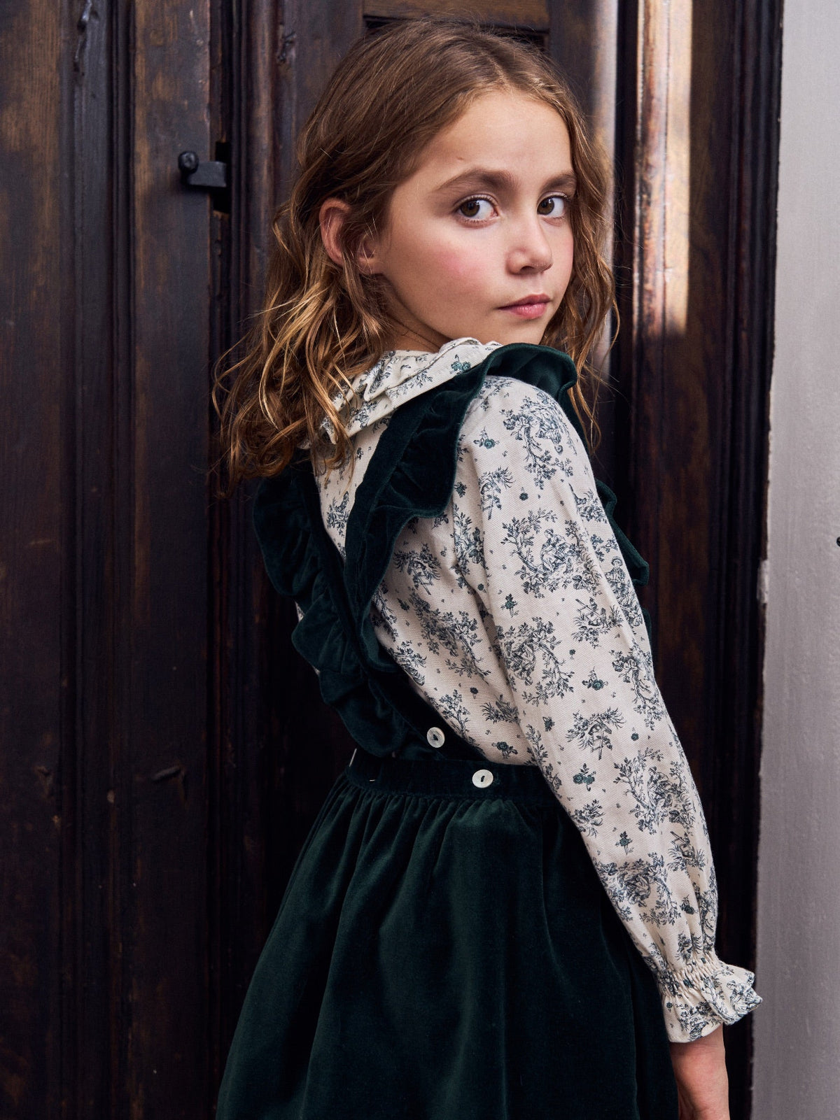 Dark Green Cora Velvet Girl Pinafore Skirt