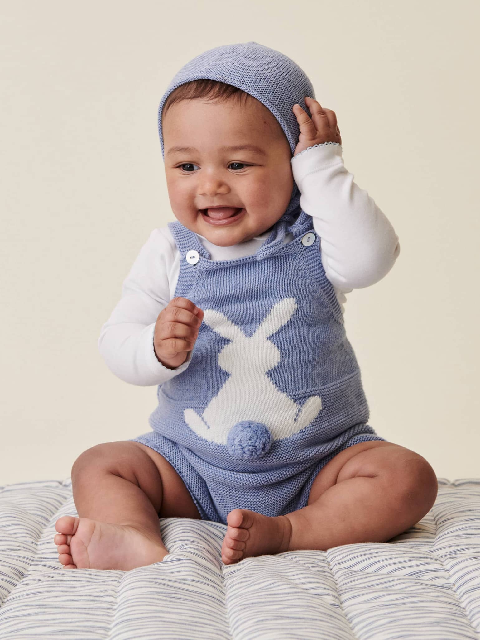 Blue Crispa Cotton Bunny Baby Knitted Overalls