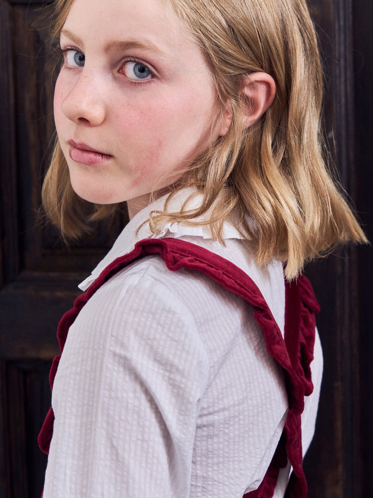 Burgundy Reina Velvet Girl Pinafore Skirt