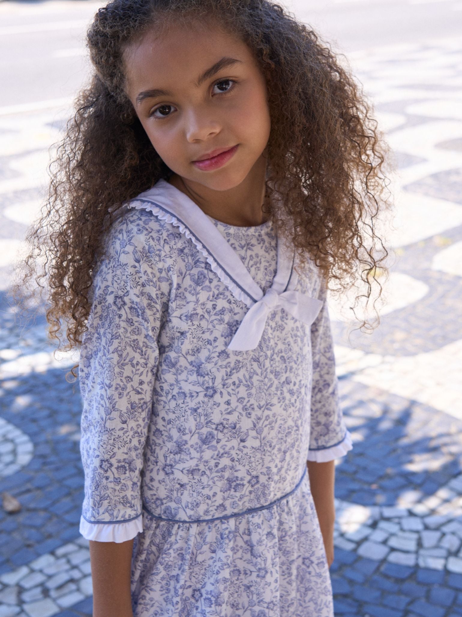 Dark Blue Floral Aranda Girl Drop Waist Dress