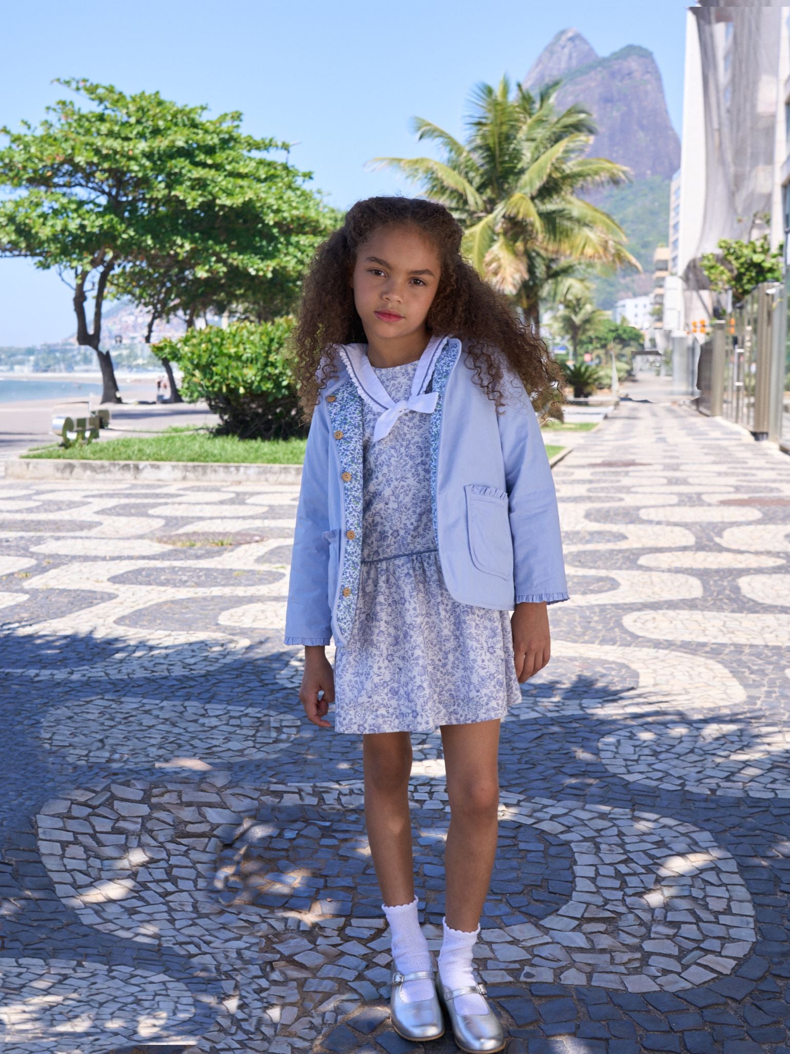 Dark Blue Floral Aranda Girl Drop Waist Dress