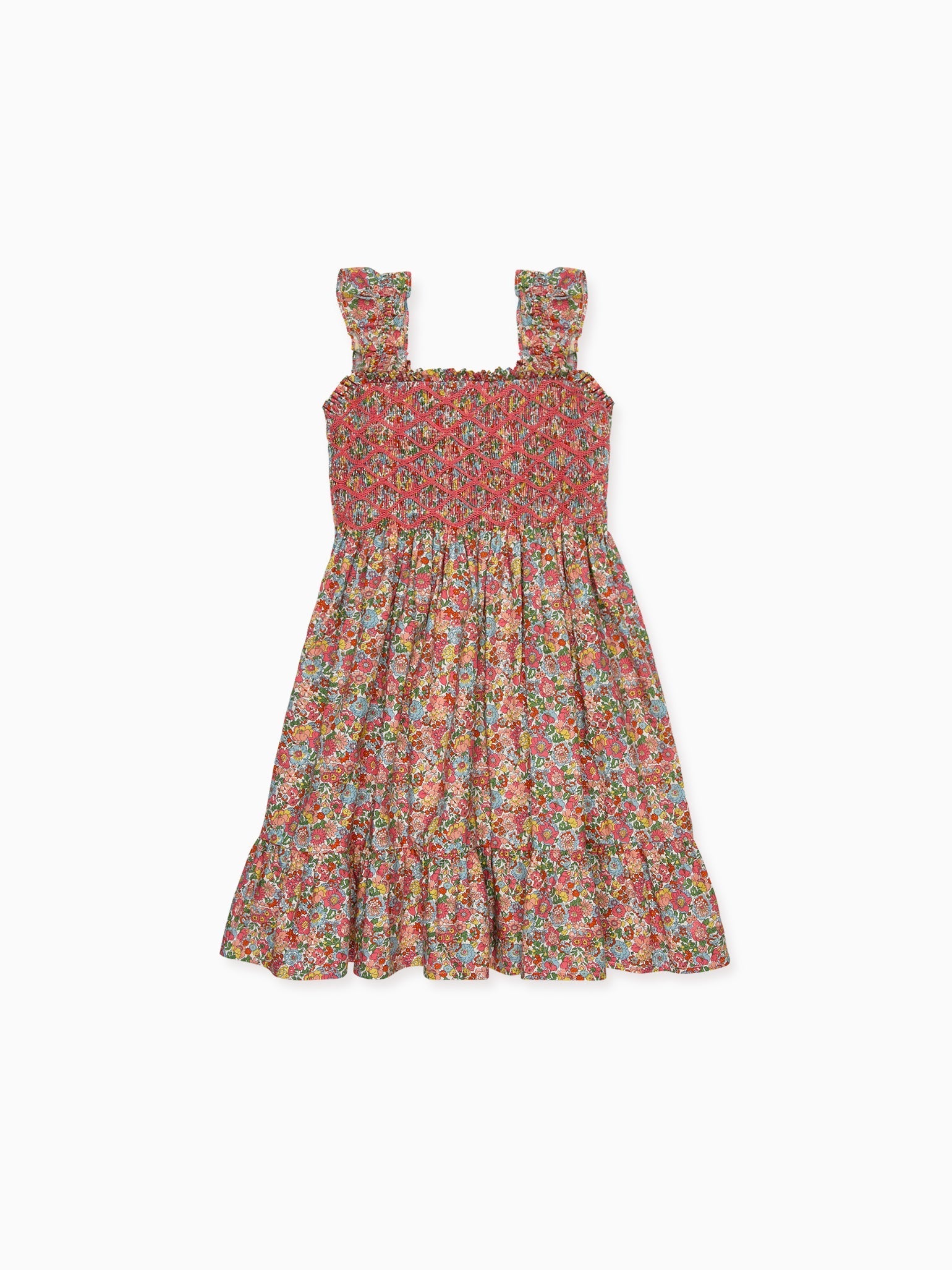 La Coqueta Kids - Coral Floral Evelia Girl Made With Liberty Fabric Hand-Smocked Dress