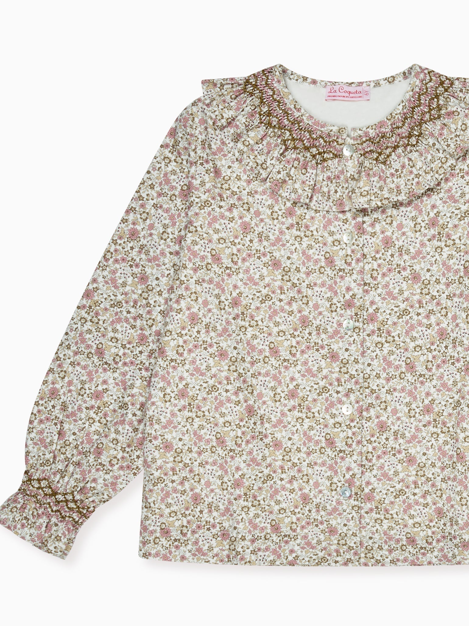 Pink Floral Emanuela Long Sleeve Hand-Smocked Girl Shirt