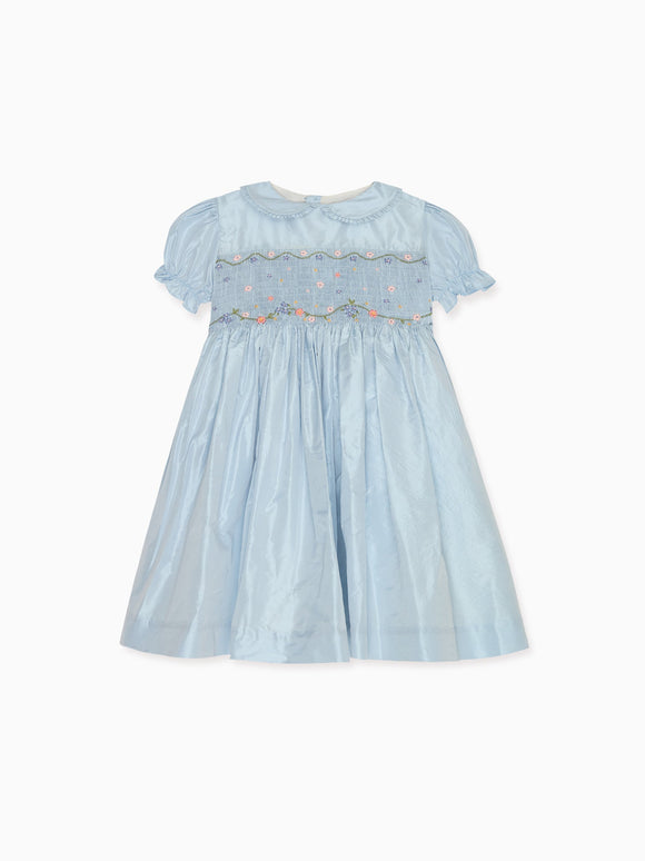 Light Blue Eva Silk Ceremony Girl Hand-Smocked Dress