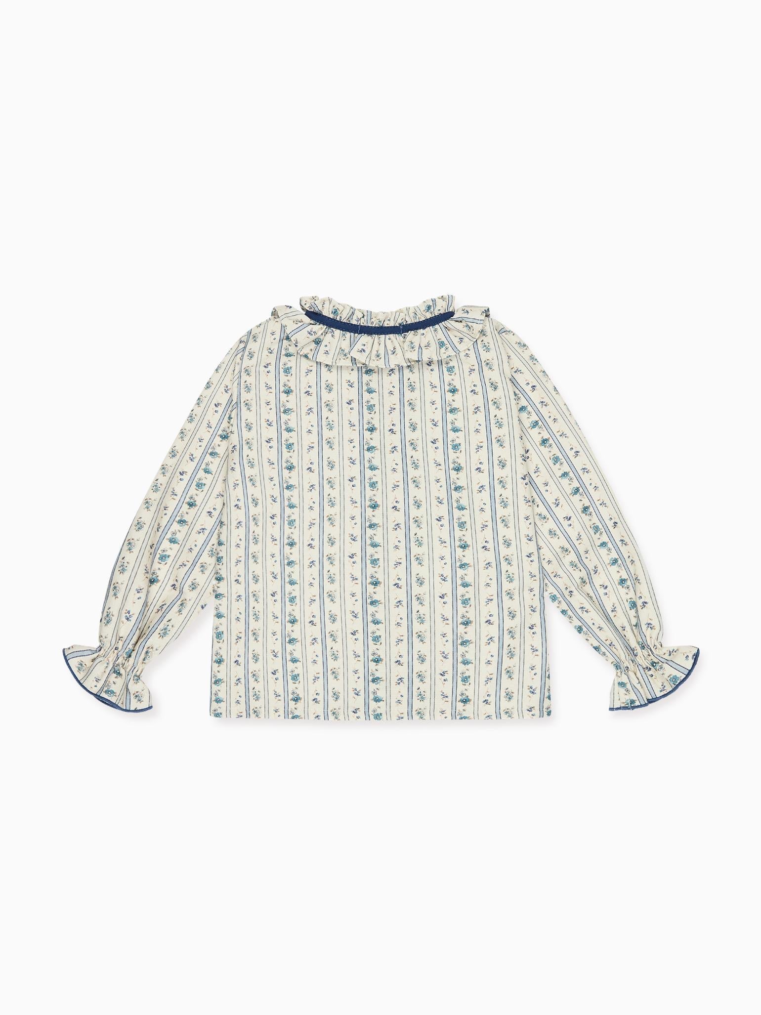 Blue Floral Stripe Felixa Long Sleeve Baby Girl Shirt