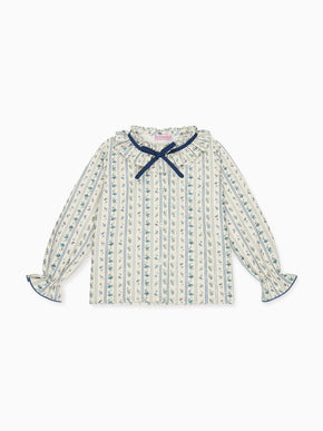 Blue Floral Stripe Felixa Long Sleeve Baby Girl Shirt
