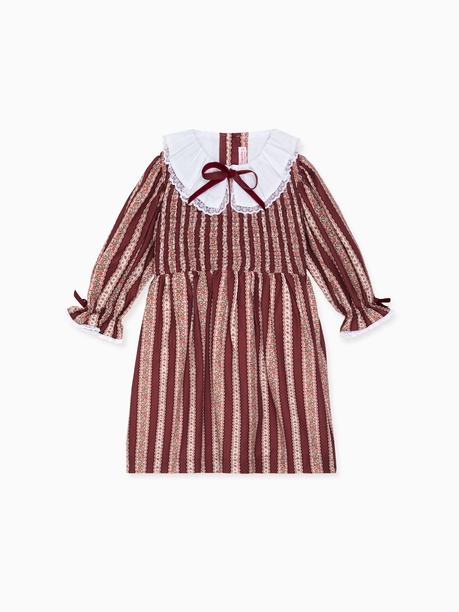 Elegant vintage-style children's dress with maroon and white vertical stripes, lace-trimmed collar, and ribbon detail.