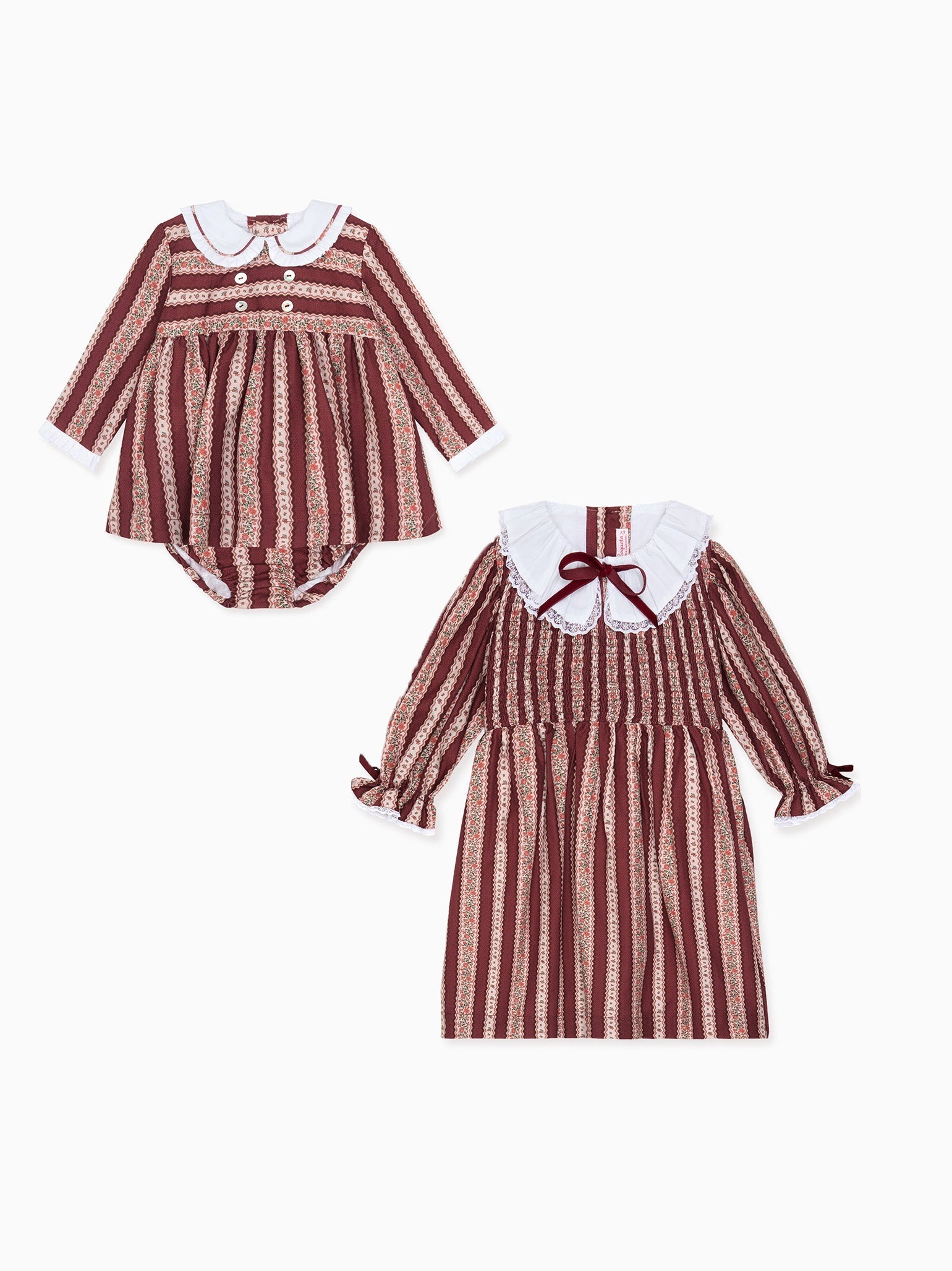 A matching set of elegant children's outfits, featuring burgundy and cream striped dresses with white Peter Pan collars.