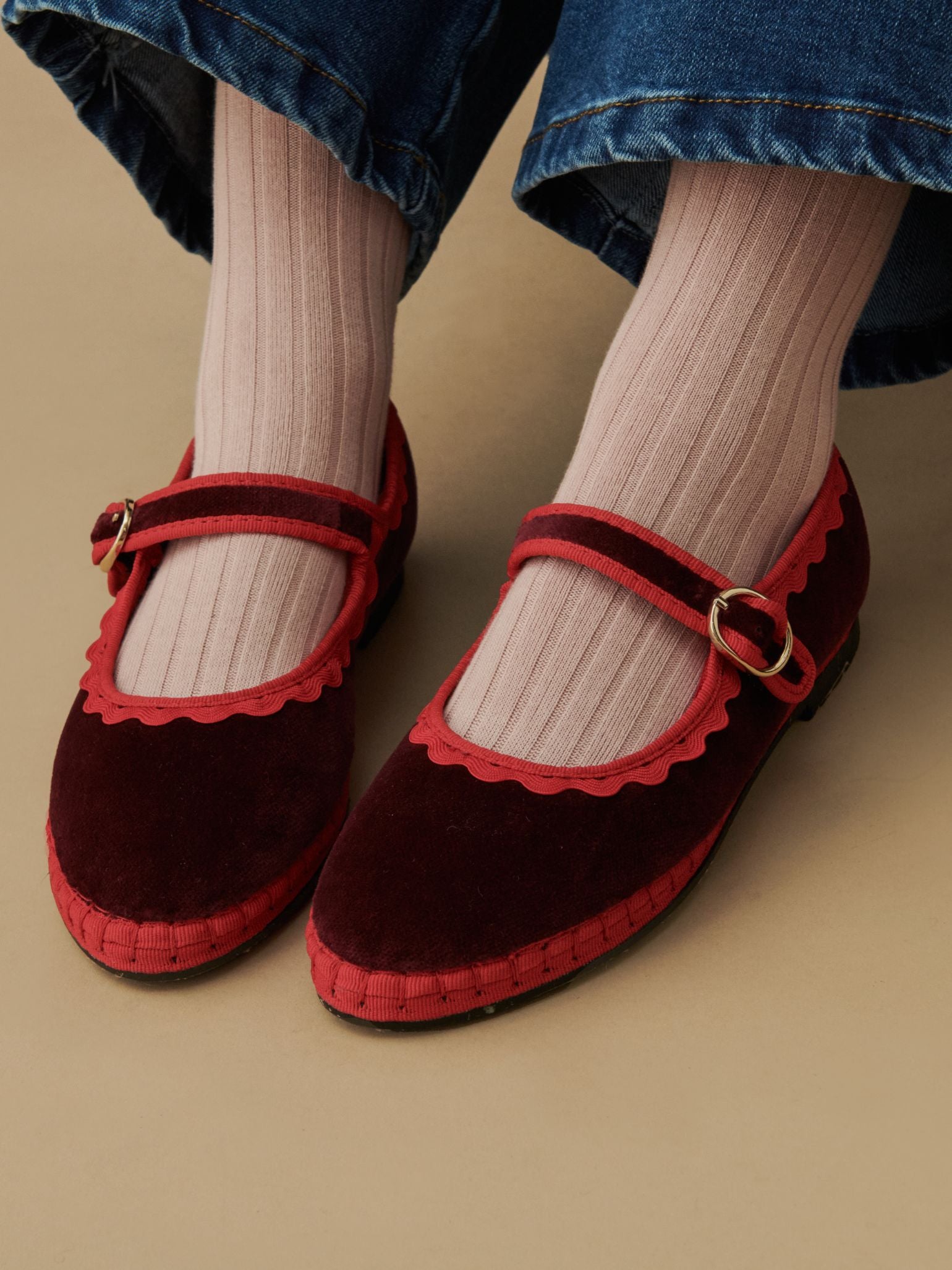 Flabelus x La Coqueta Girl Burgundy Velvet Girl Mary Jane Shoes