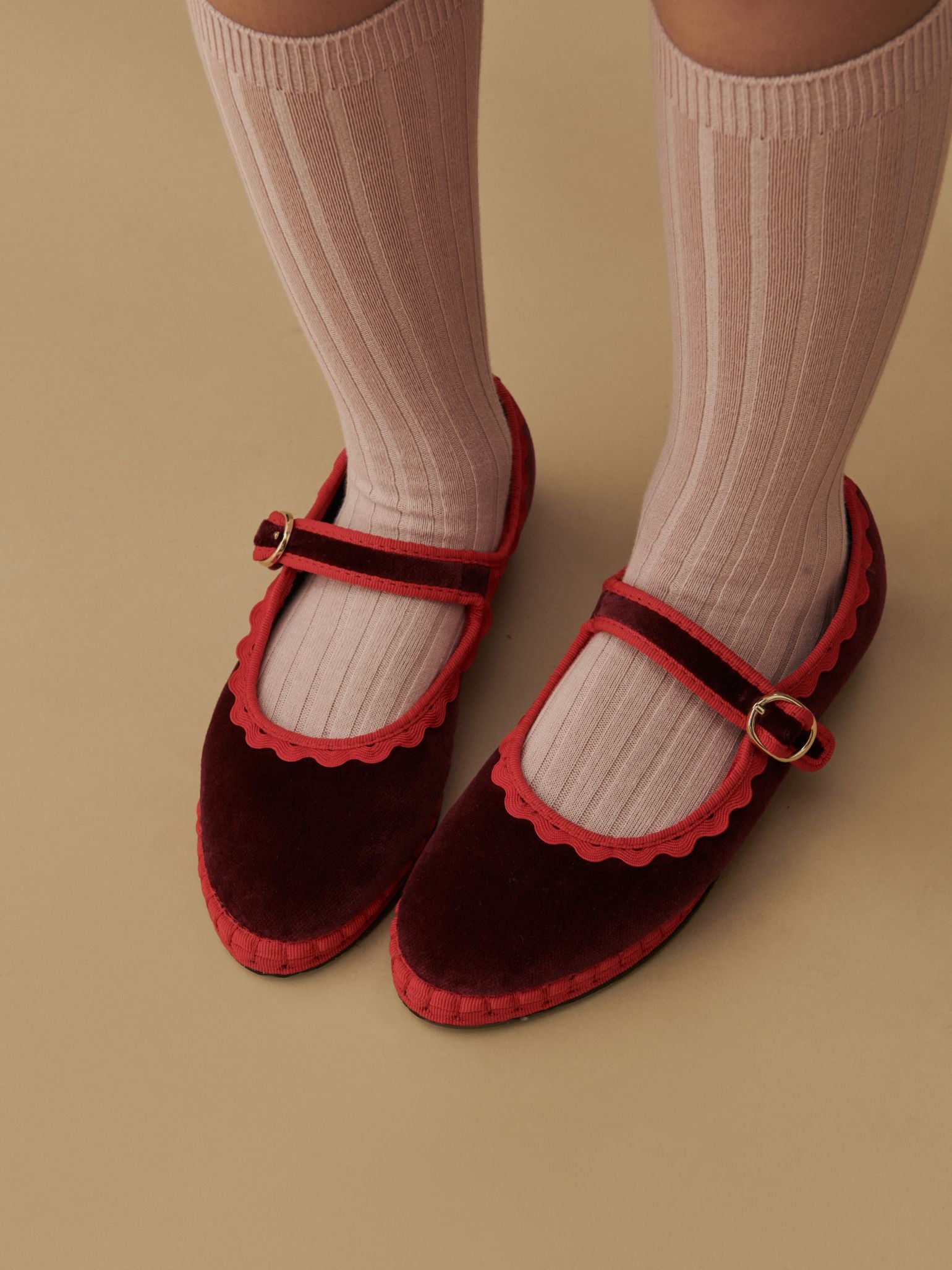 Flabelus x La Coqueta Girl Burgundy Velvet Girl Mary Jane Shoes