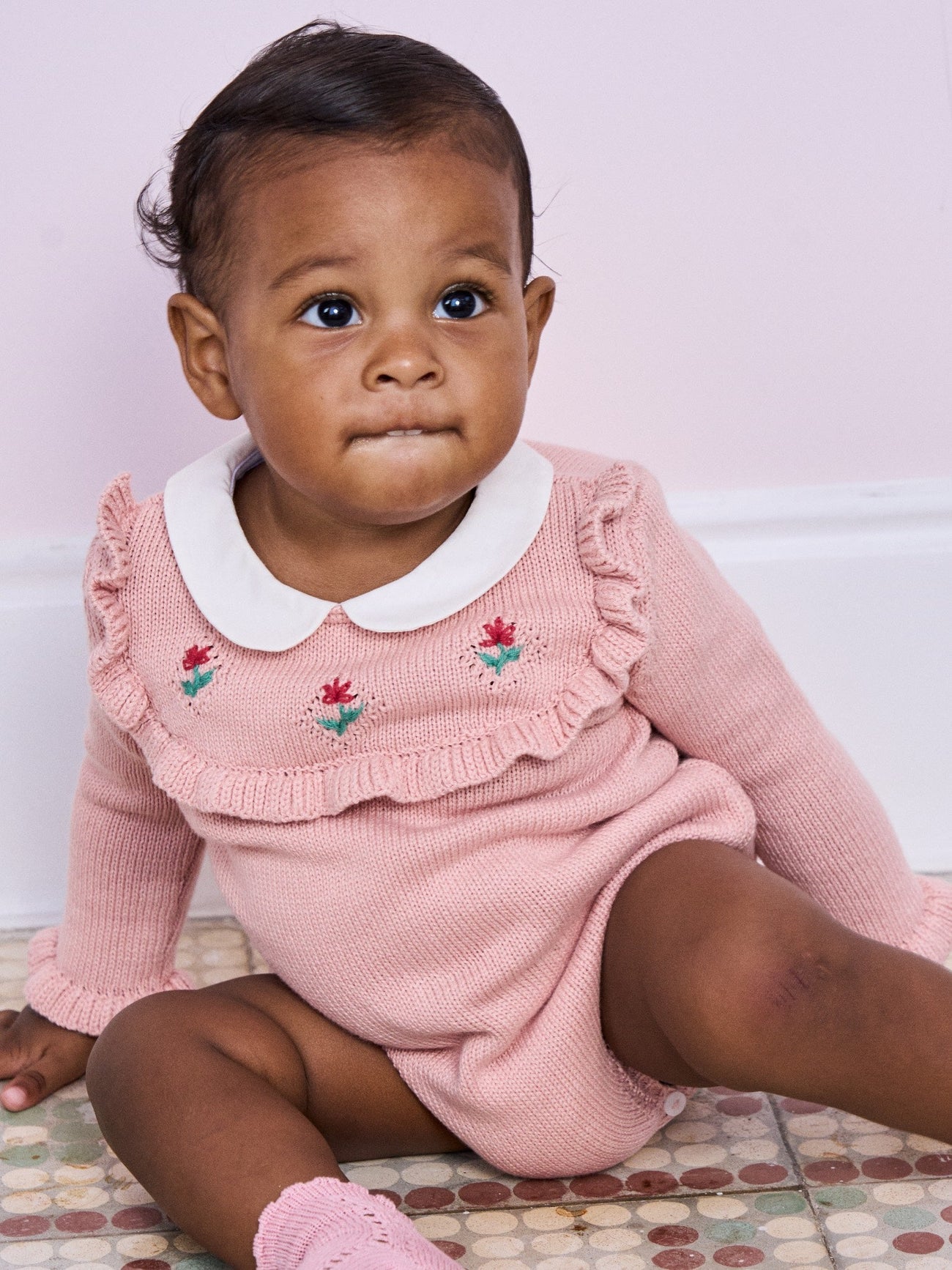 Dusty Pink Ginia Cotton Baby Girl Knitted Romper