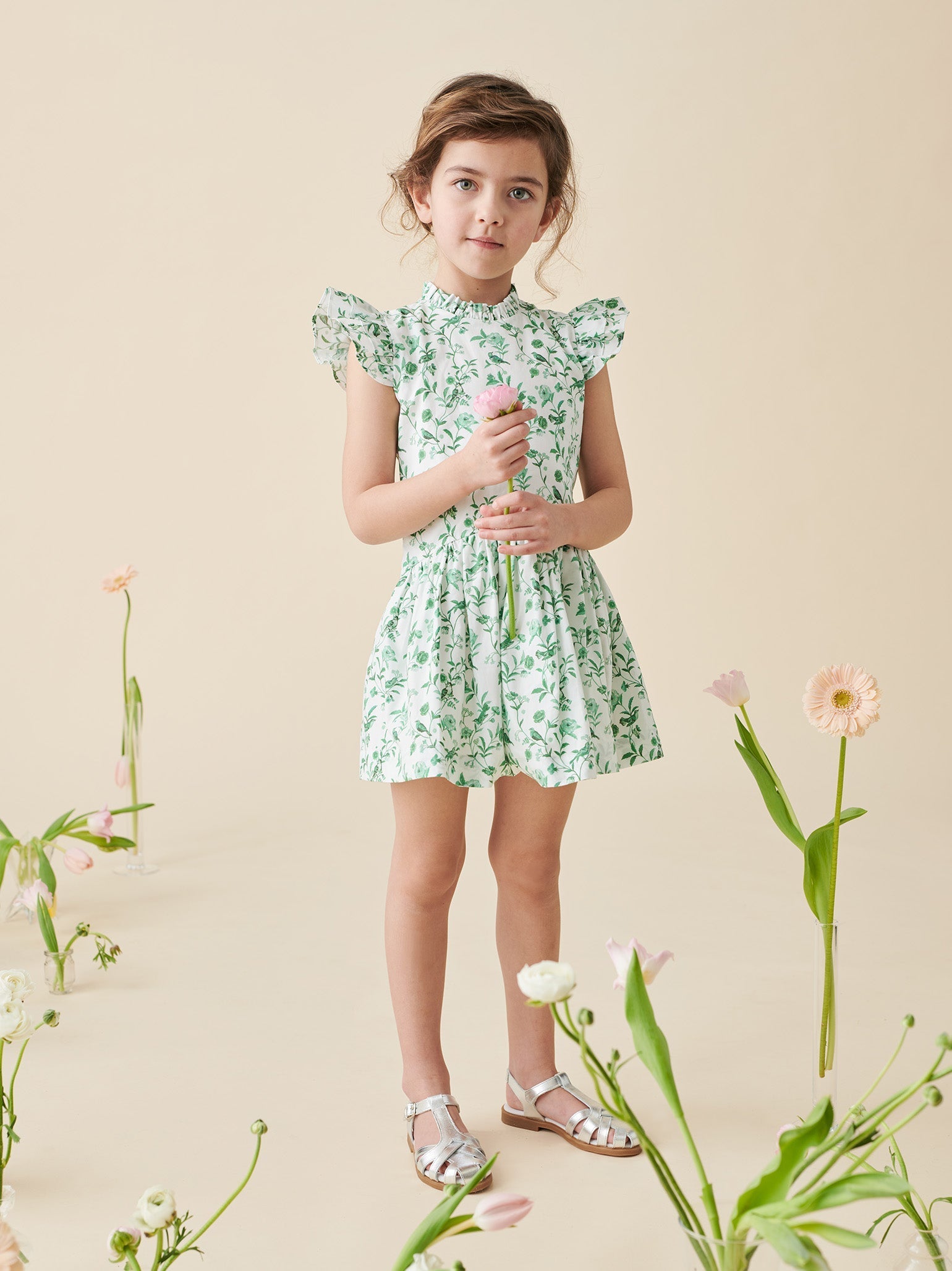 Hill House Home X La Coqueta Green Bird Floral Rita Girl Drop Waist Dress