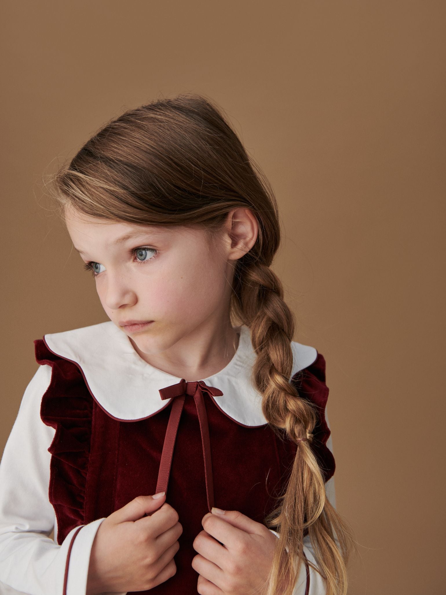 Burgundy Cora Velvet Girl Pinafore Skirt