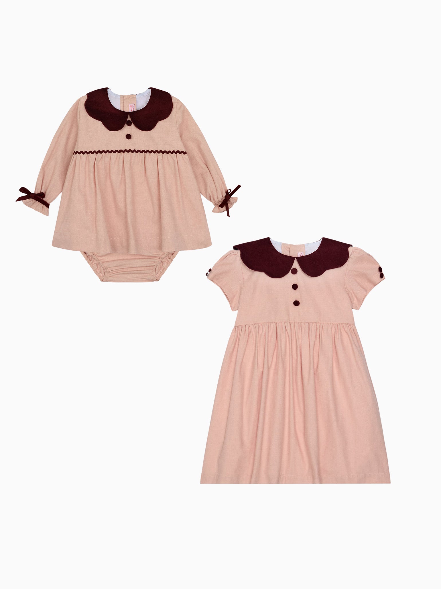 Matching elegant baby and toddler outfit set in light pink with dark brown velvet collars and buttons, perfect for special occasions.