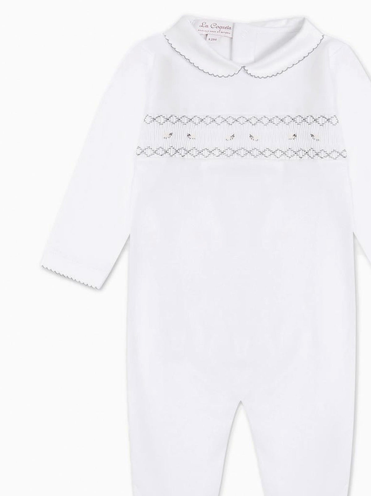 White Lamb Baby Girl Hand-Smocked Sleepsuit