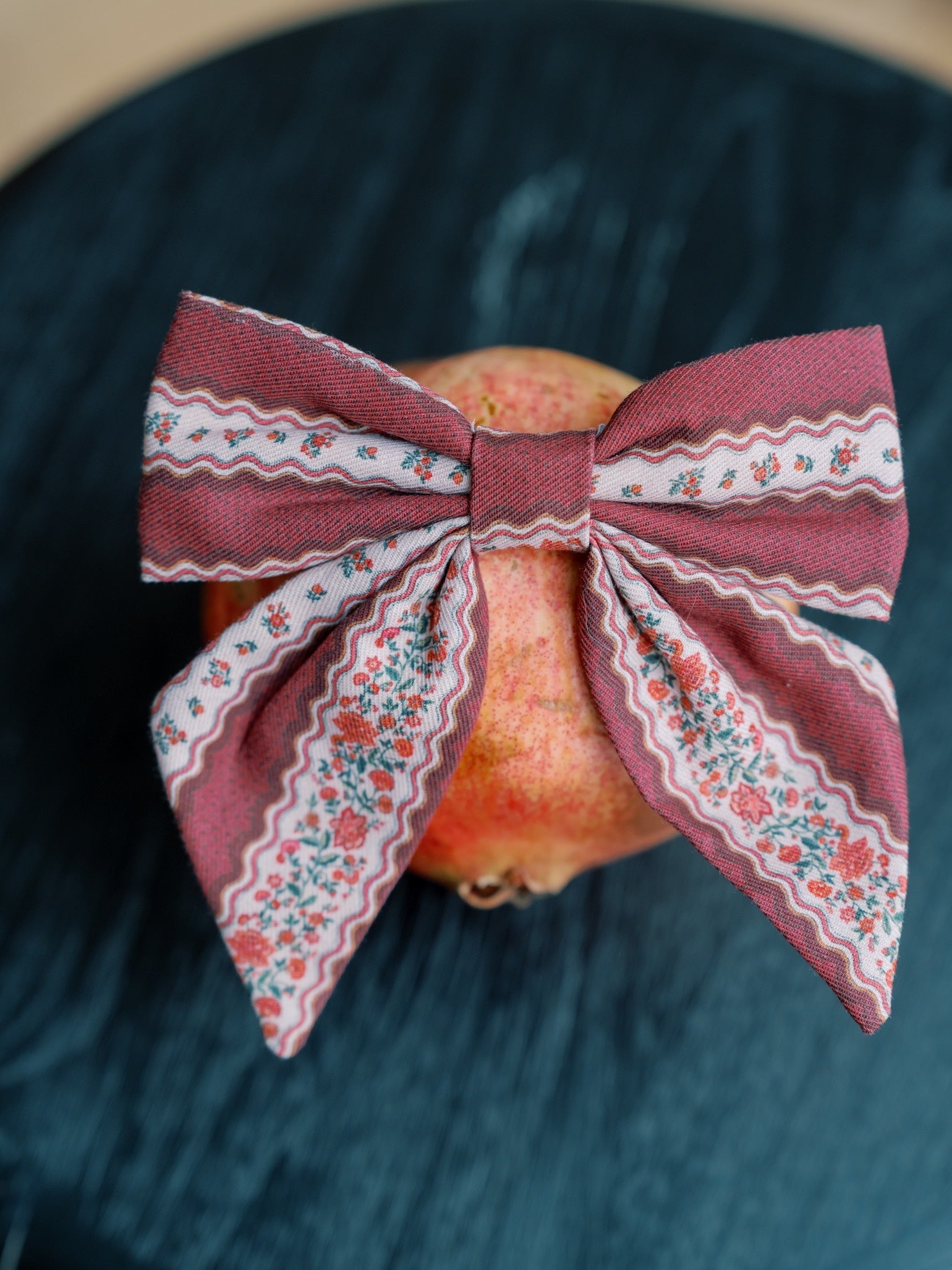 Burgundy Floral Stripe Girl Large Bow Clip