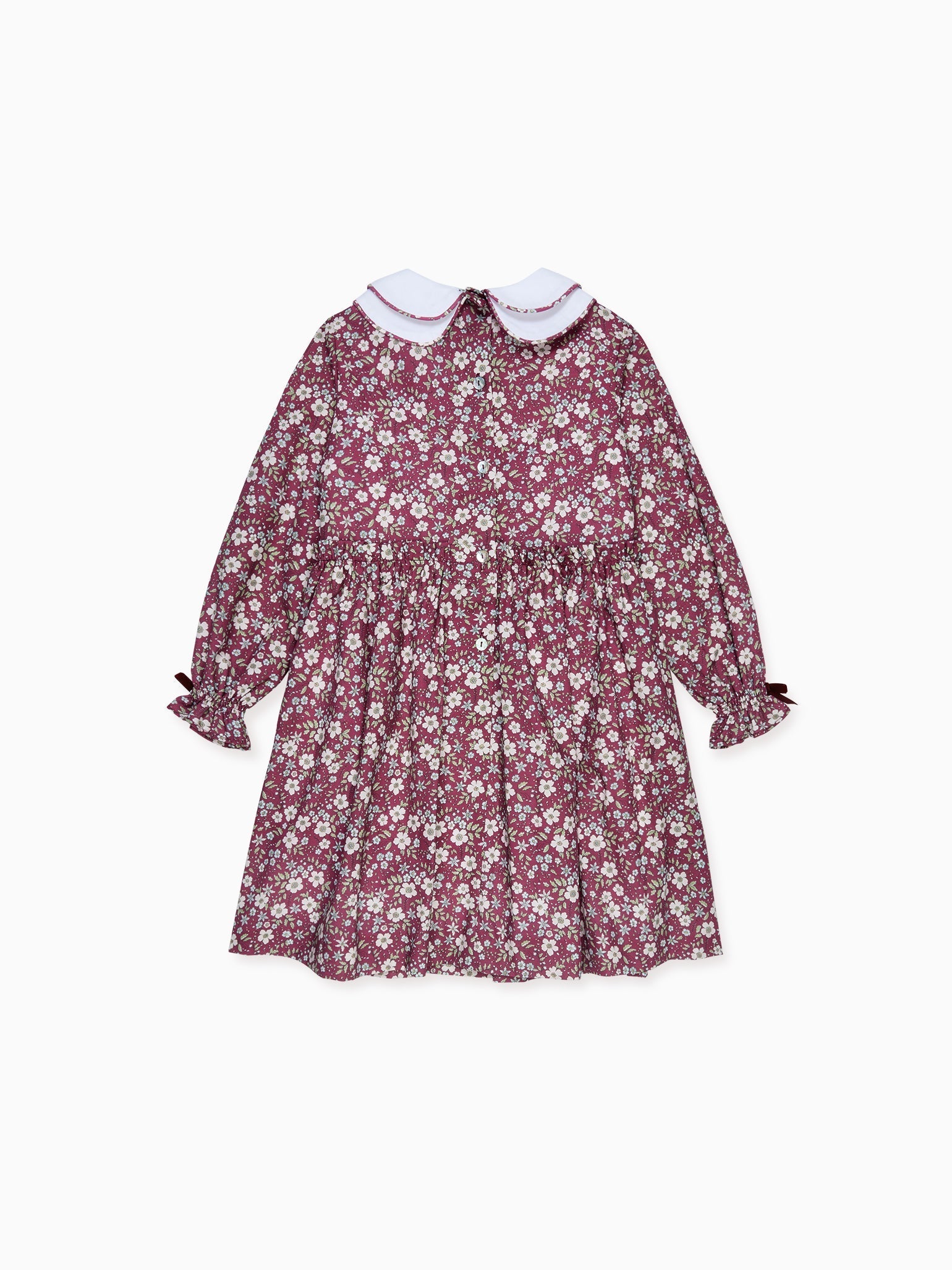 Charming burgundy floral dress for girls, featuring a white Peter Pan collar with maroon bow and long-sleeve, ideal for formal occasions.