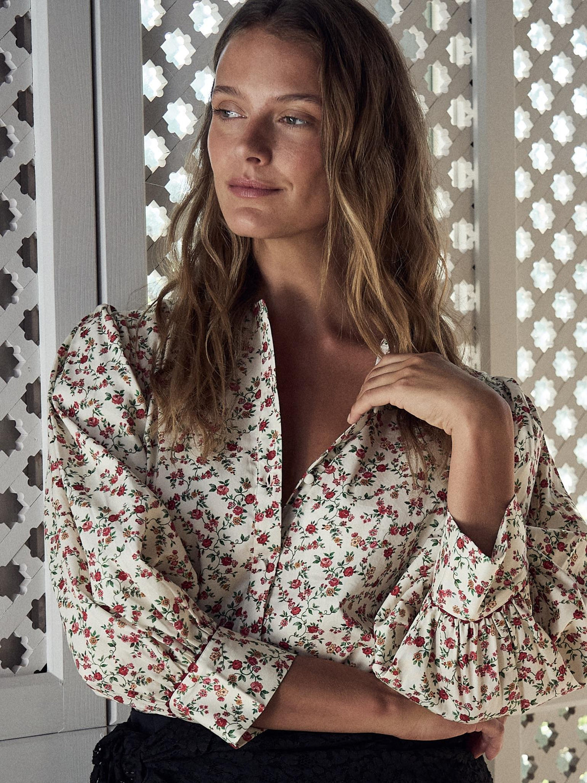 Ivory Floral Livia Womens Long Sleeve Shirt