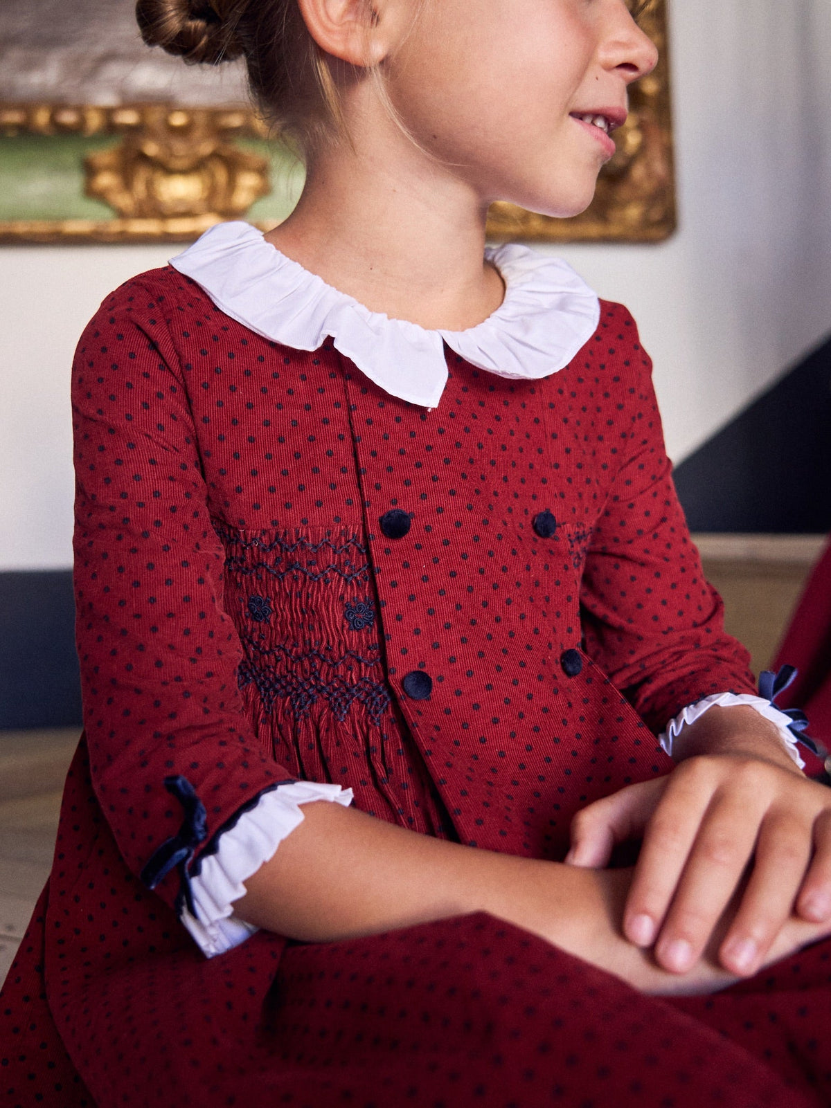 Burgundy Polka Dot Magdalena Corduroy Girl Hand-Smocked Dress