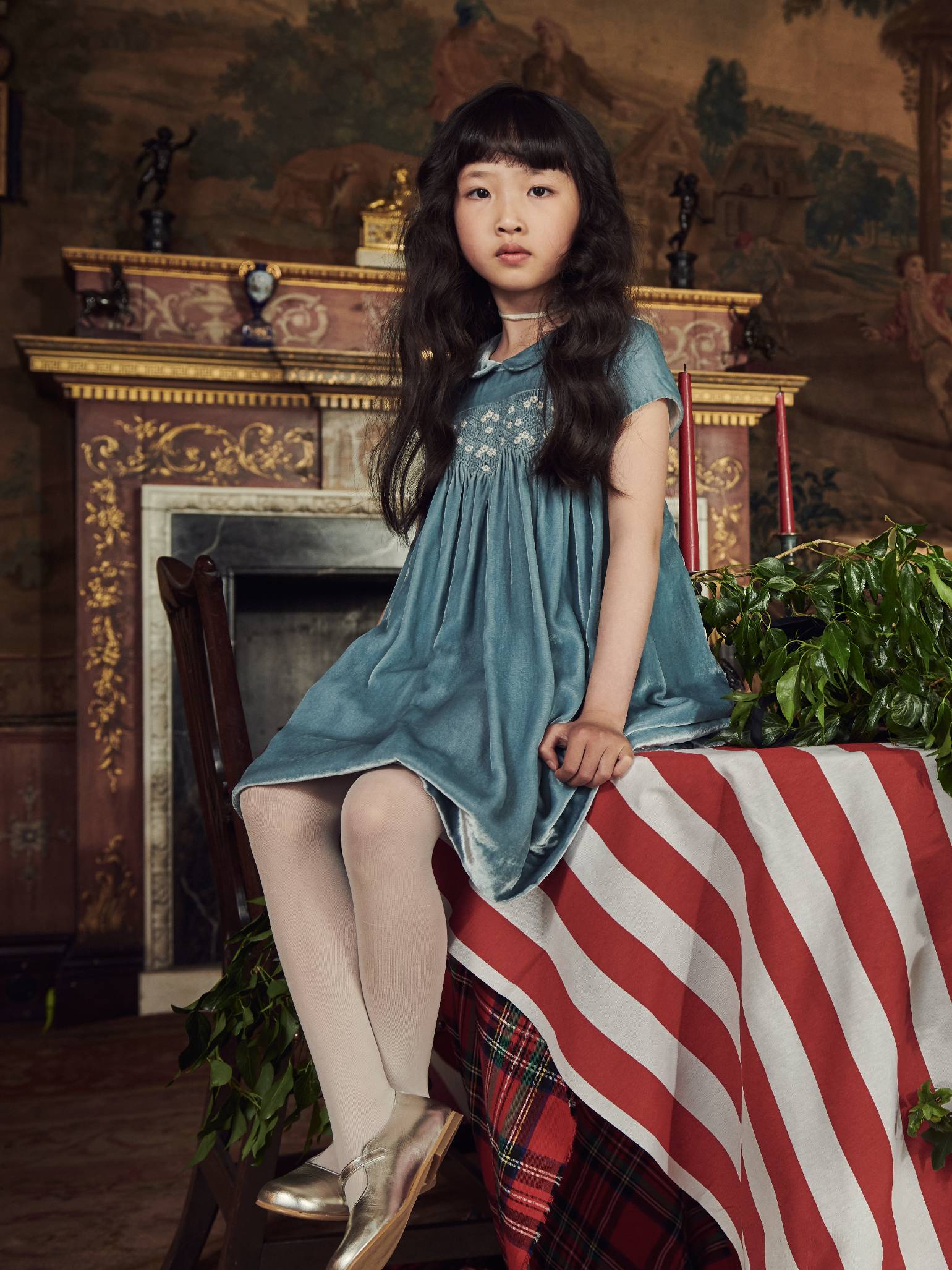 Light Blue Marcita Velvet Girl Hand-Smocked Dress