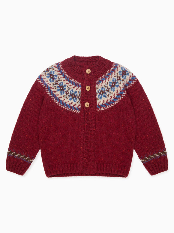 Dark Red Merino Fair Isle Baby Cardigan
