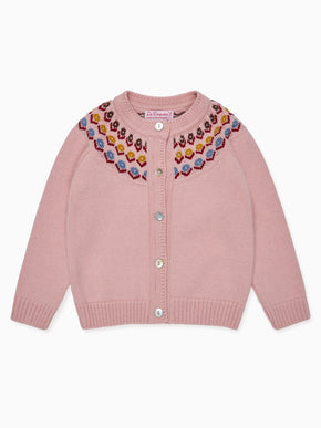 Dusty Pink Nelia Merino Fair Isle Baby Girl Cardigan
