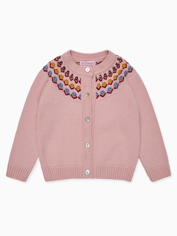 Dusty Pink Nelia Merino Fair Isle Baby Girl Cardigan