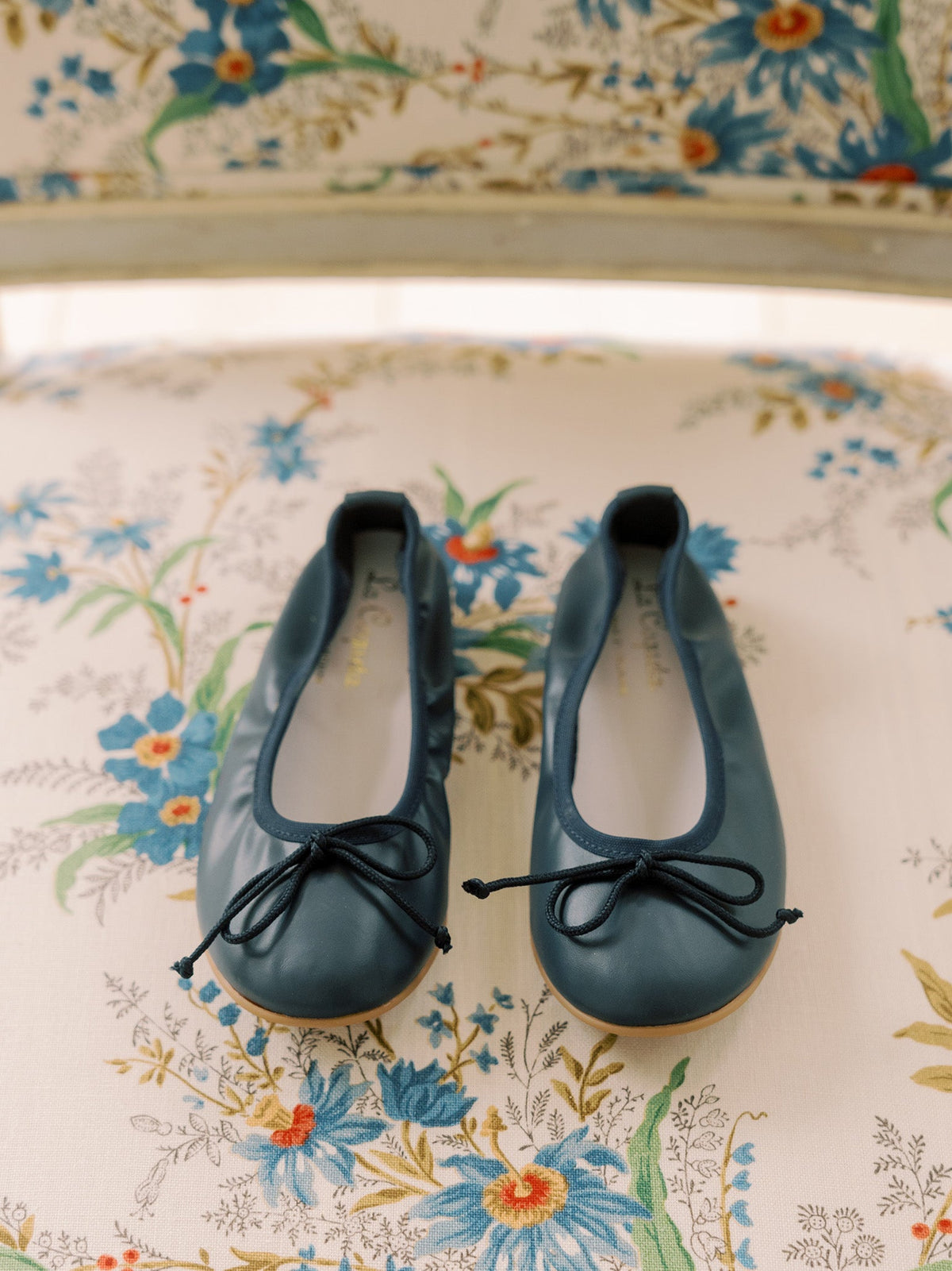 Navy Leather Girl Bow Ballerina Shoes
