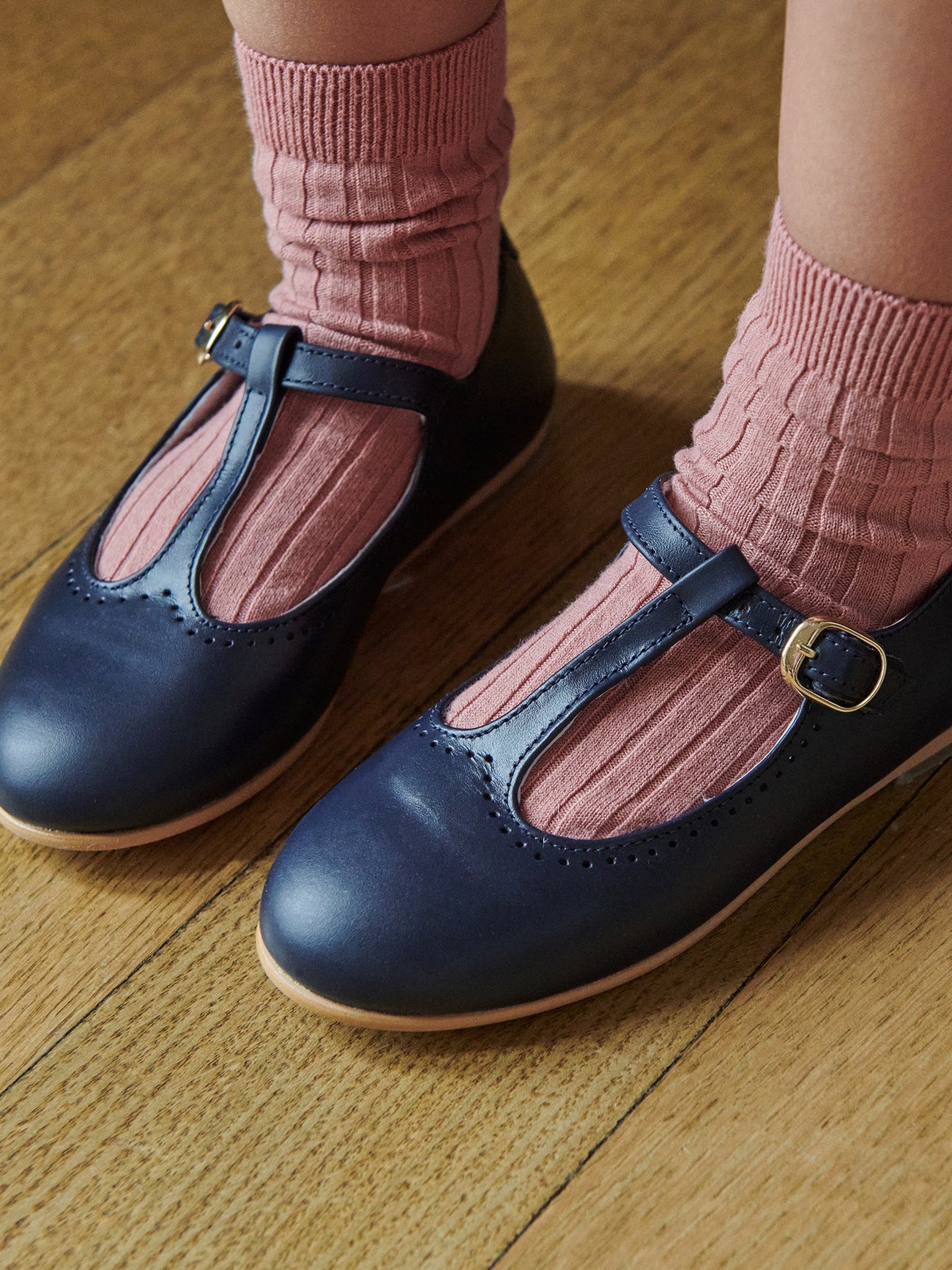 Navy Leather Girl T-Bar Shoes