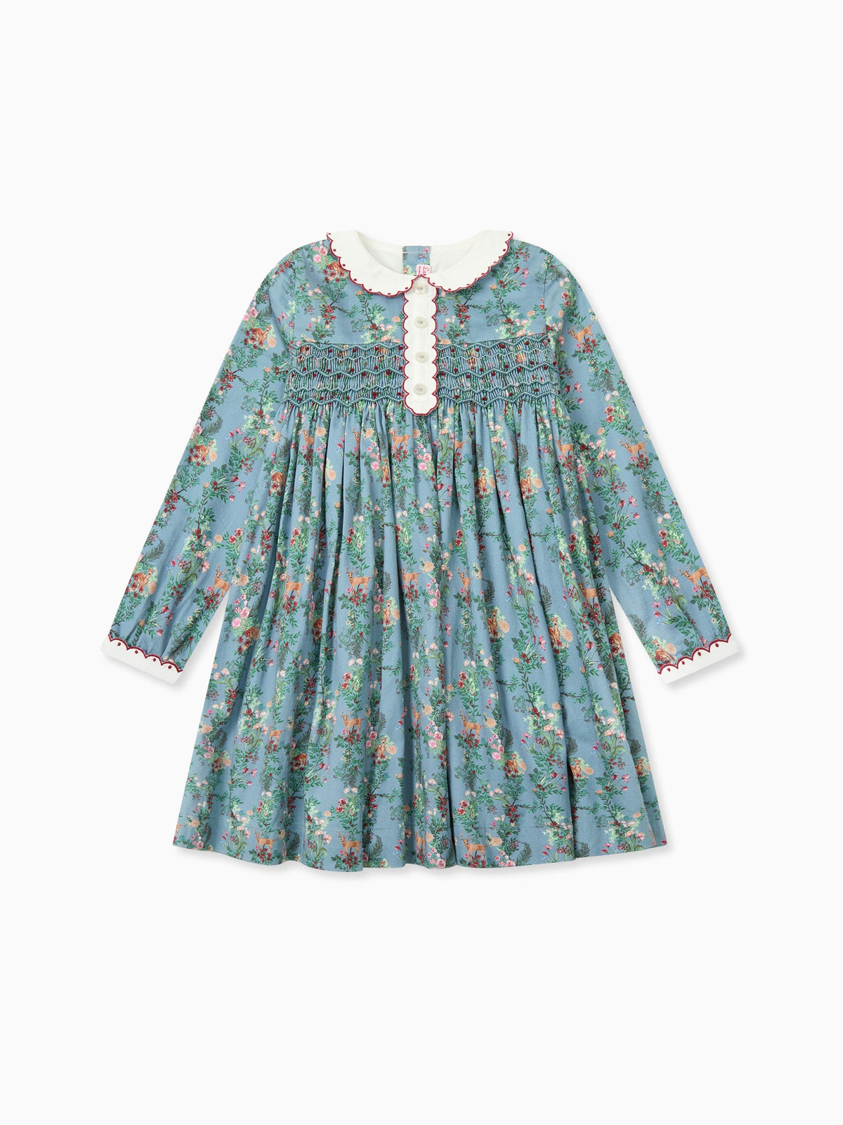 Blue Deer Floral Noelia Girl Hand-Smocked Dress