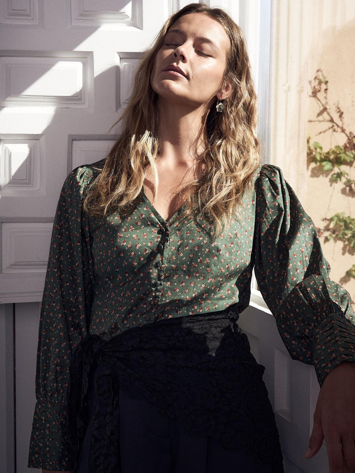 Green Floral Oceanne Womens Long Sleeve Shirt