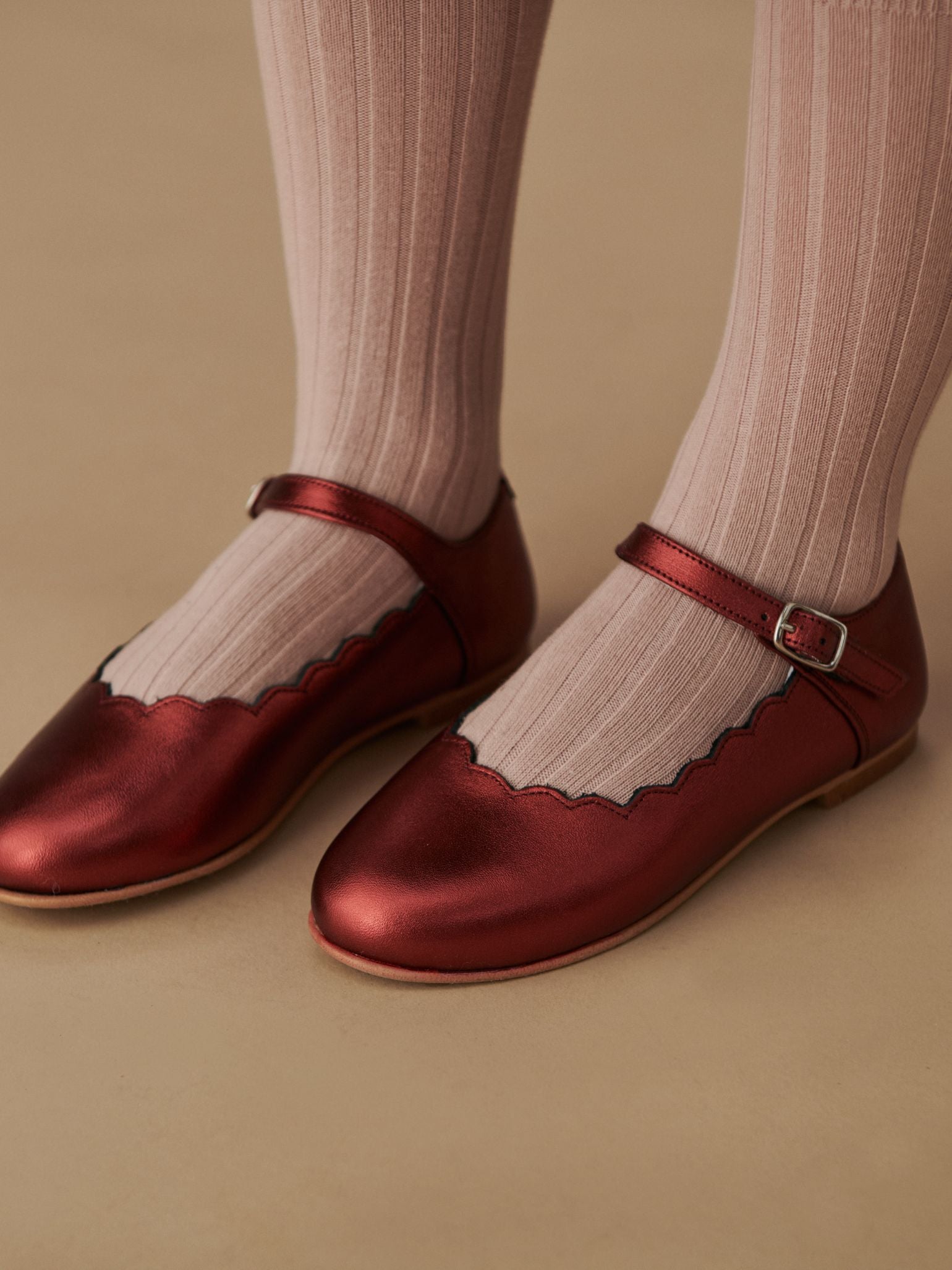 Red Metallic Leather Girl Scallop Mary Jane