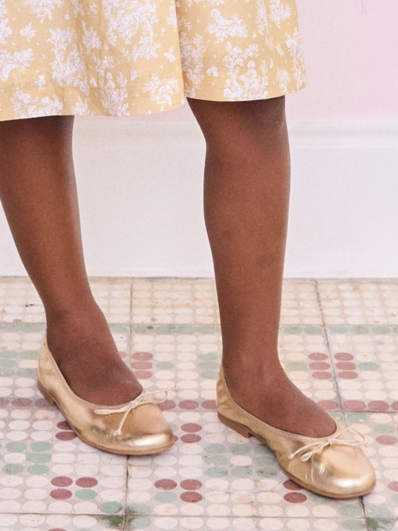 Gold Leather Girl Bow Ballerina Shoes