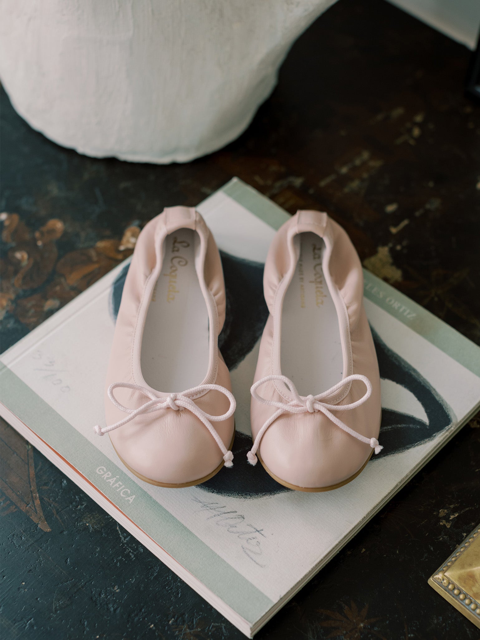 Pale Pink Leather Girl Bow Ballerina Shoes