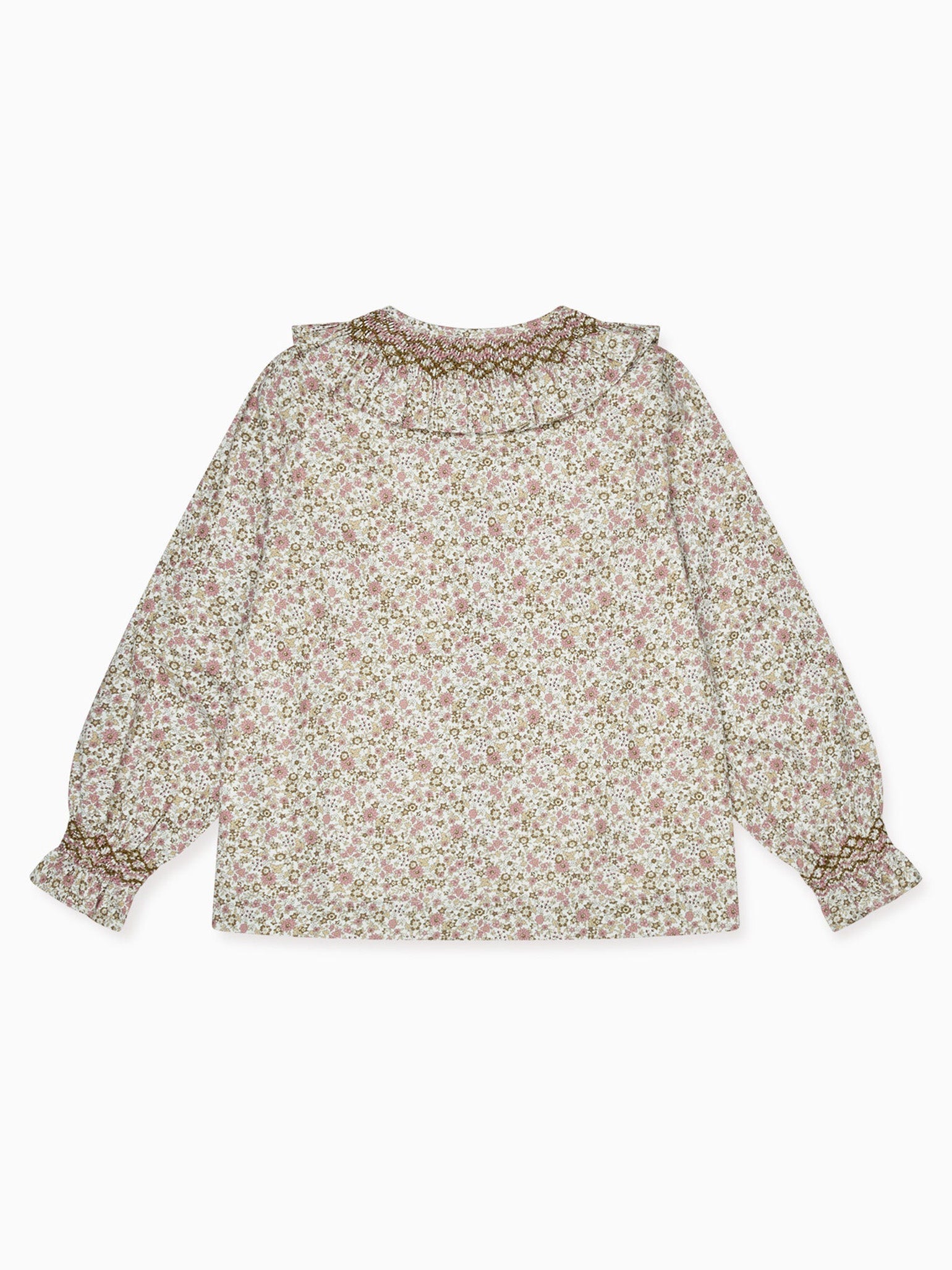 Pink Floral Emanuela Long Sleeve Hand-Smocked Girl Shirt